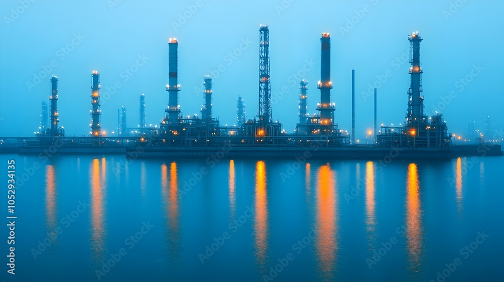 Obraz premium Expansive offshore oil refinery platform illuminated under the night sky showcasing the scale and industrial with cranes machinery and the vast open ocean in the background