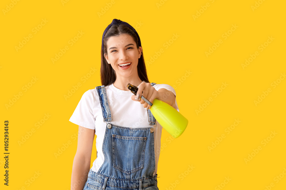 Beautiful young happy female gardener with spray bottle on yellow background Beautiful young happy female gardener with spray bottle on yellow background
