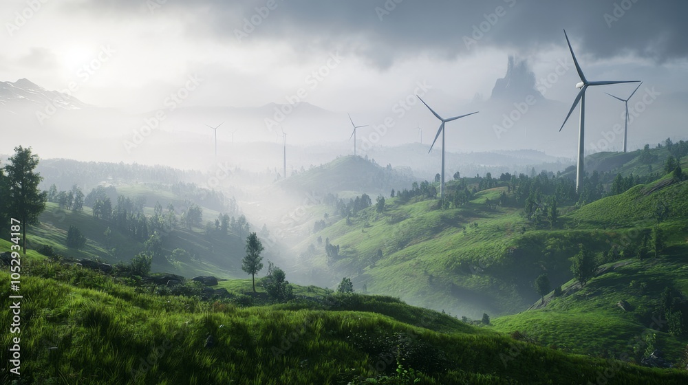 Serene Landscape with Wind Turbines and Lush Greenery Serene Landscape with Wind Turbines and Lush Greenery