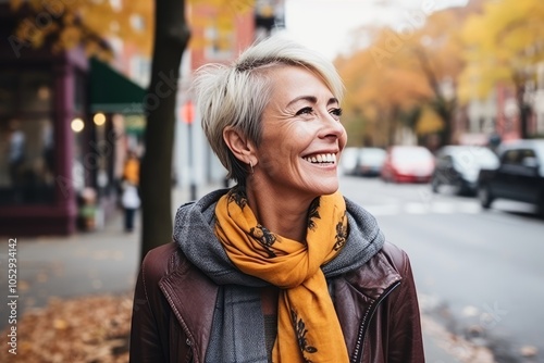 Portrait of a happy senior woman walking in the street in autumn