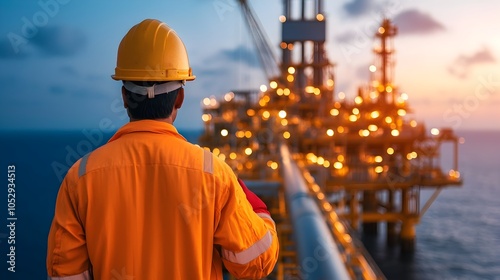 Engineers Inspecting Pipelines on an Offshore Oil Refinery Platform at Night with Ocean and Surrounding Lights in the Background