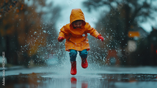 A little girl in a raincoat jumping into a puddle with water splashing around her, frozen in mid-jump. The image captures the pure joy and excitement of playing in the rain on a gloomy day.