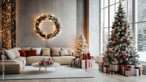 Cozy holiday living room decorated with Christmas trees and festive ornaments during winter season