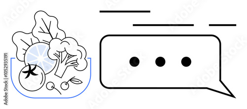 Fresh vegetables including tomato, broccoli, and spinach inside a blue-outlined bowl, beside a text message bubble with ellipsis. Ideal for nutrition blogs, healthy living websites, cooking apps