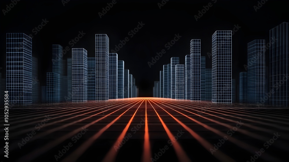 Futuristic wireframe rendering of a glowing nightscape with the outlines of skyscrapers and roads creating a captivating sci fi aesthetic in a modern technological urban environment Futuristic wireframe rendering of a glowing nightscape with the outlines of skyscrapers and roads creating a captivating sci fi aesthetic in a modern technological urban environment