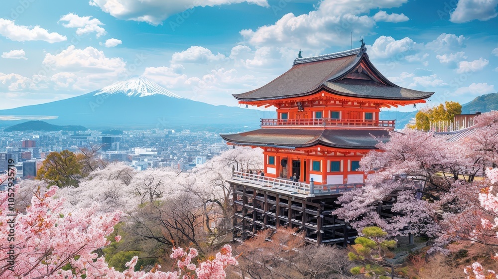 Obraz premium A Stunning View of Kiyomizu-dera Temple Surrounded by Cherry Blossoms and Mount Fuji in Kyoto