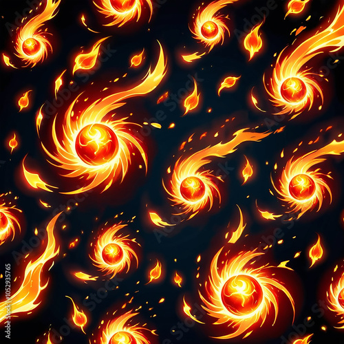 A repeating pattern featuring swirling, fiery orbs against a black background. The orbs emit flames and sparks, creating a dynamic and energetic design. photo