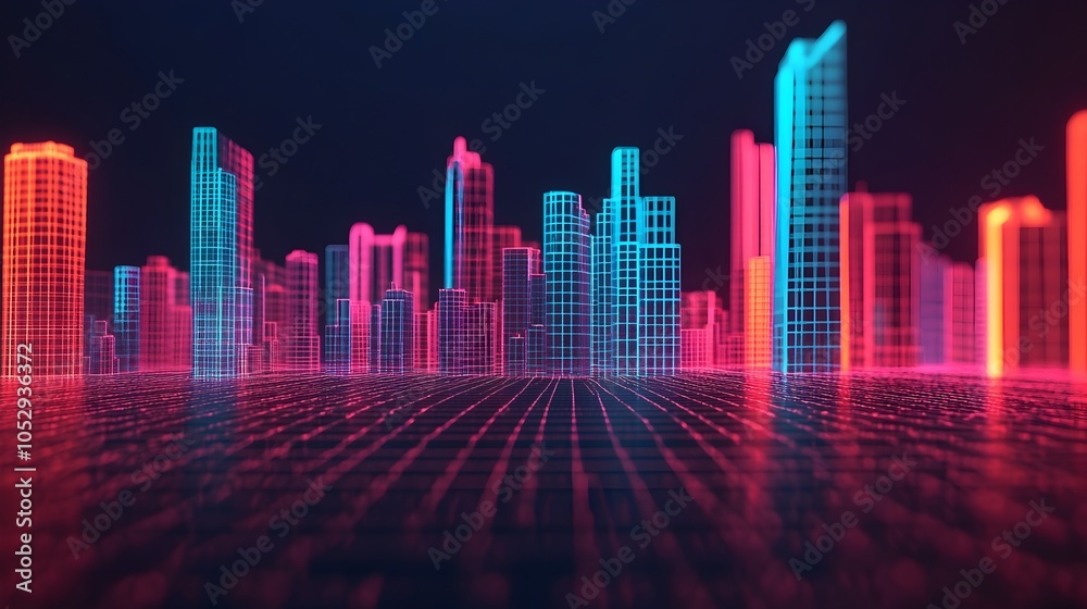 Fototapeta premium Glowing digital wireframe cityscape with illuminated neon outlined buildings roads and infrastructure in a futuristic night landscape Conceptual 3D representing modern urban architecture technology