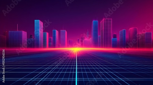 Futuristic night cityscape with glowing digital wireframes buildings and roads illuminated in neon outlines