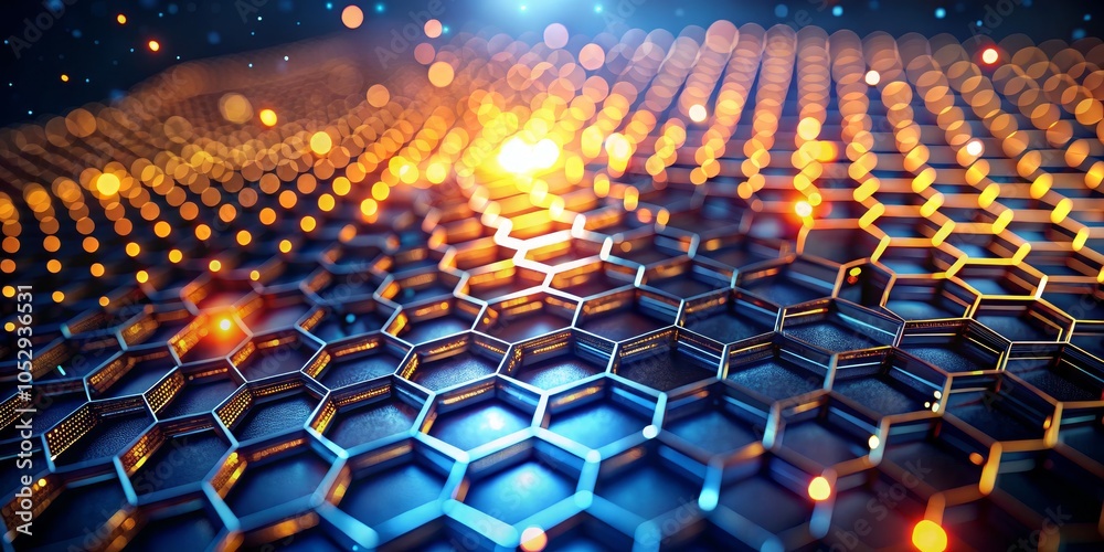 Obraz premium Abstract Hexagon Grid with Glowing Lights, 3D Rendering, Technology, Network, Data, Architecture, Design