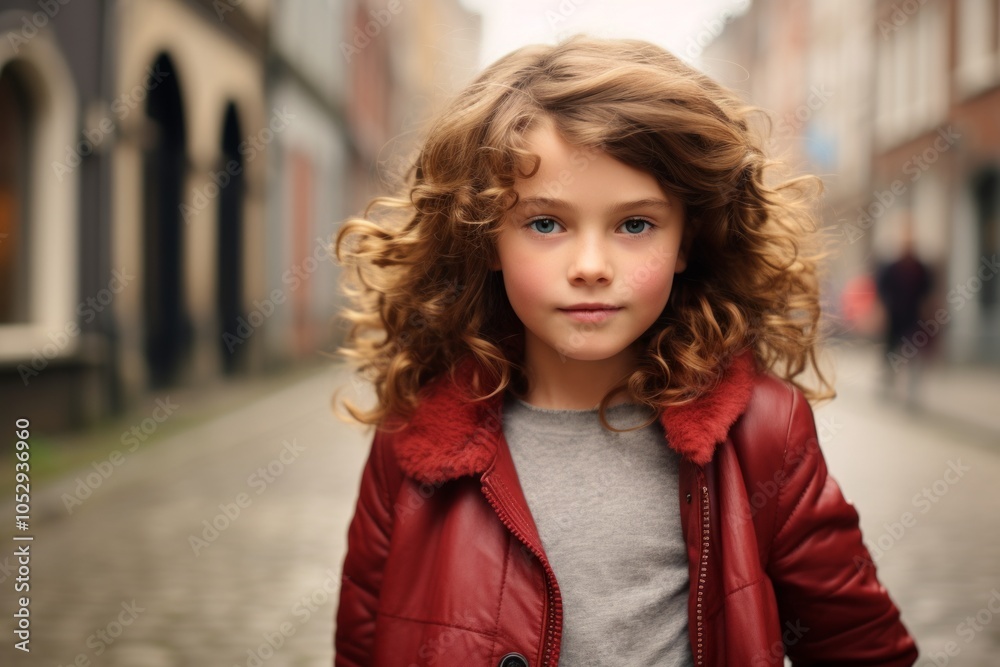 portrait of beautiful little girl in red leather jacket on the street portrait of beautiful little girl in red leather jacket on the street