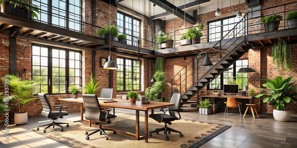 Fototapeta premium Industrial Loft Office Design with Exposed Brick Walls and Natural Light, interior design, loft office, industrial style