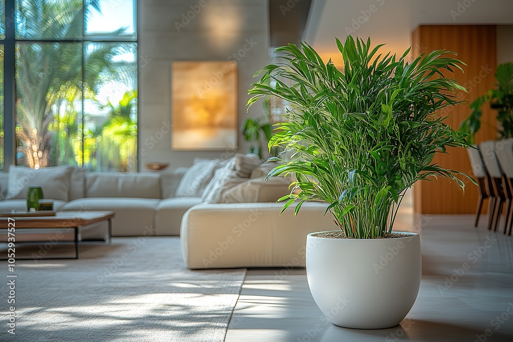 A lush green plant in a modern white pot takes center stage in a contemporary living room, bathed in sunlight. A lush green plant in a modern white pot takes center stage in a contemporary living room, bathed in sunlight.