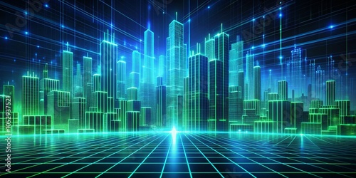 Neon Cityscape Wireframe Architecture in a Futuristic Setting, 3D Render, Digital Art , Futuristic City, Cyberpunk