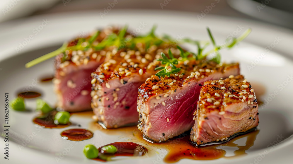 Seared tuna slices with sesame seeds and microgreens drizzled with sauce on a plate Seared tuna slices with sesame seeds and microgreens drizzled with sauce on a plate