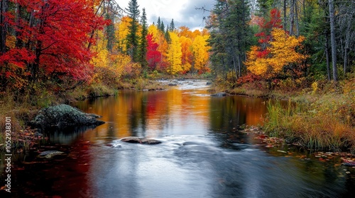 A river winding through a colorful autumn forest, with leaves in shades of red, yellow, and orange. The water reflects the colors, creating a mirrored scene 