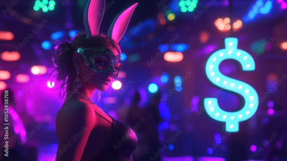 A fashionable girl in a rabbit mask dances at a disco-themed party, surrounded by colorful lights and an energetic atmosphere. A fashionable girl in a rabbit mask dances at a disco-themed party, surrounded by colorful lights and an energetic atmosphere.