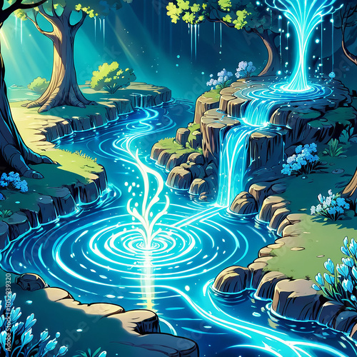 A magical forest scene with a flowing stream and two glowing waterfalls. One waterfall originates from a glowing tree, the other from a rocky cliff. The stream winds through the lush forest, its surfa photo