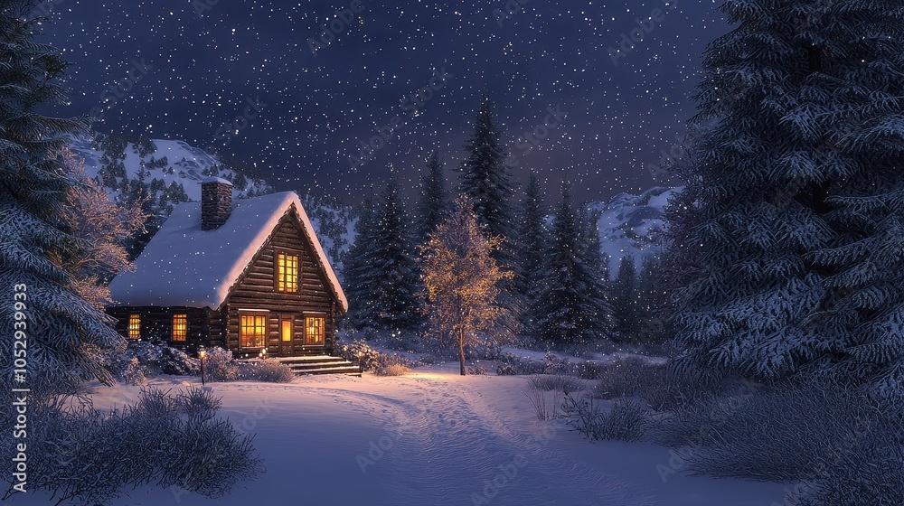 A snowy winter wonderland where tall pine trees are blanketed in fresh snow, surrounding a quiet cabin with warm lights glowing from within A snowy winter wonderland where tall pine trees are blanketed in fresh snow, surrounding a quiet cabin with warm lights glowing from within