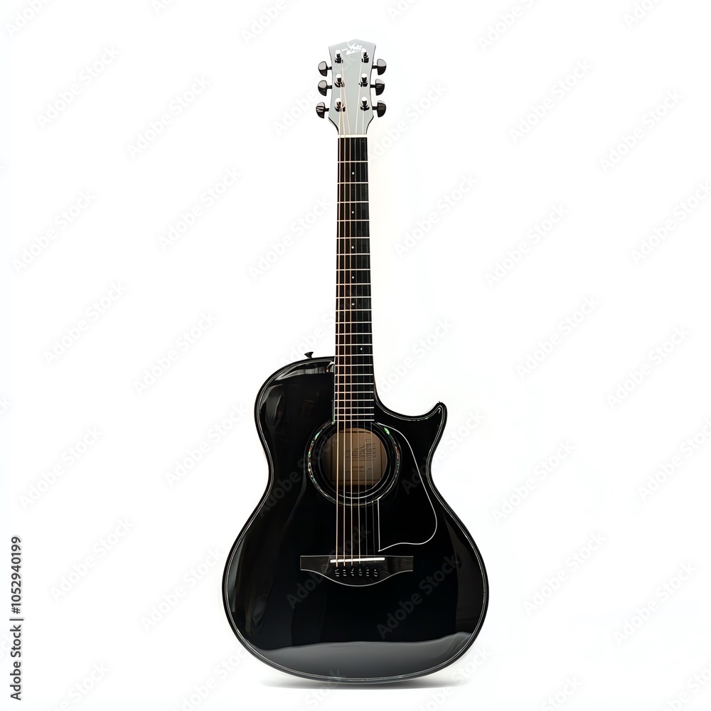 Naklejka premium Black acoustic guitar on a white isolated background.