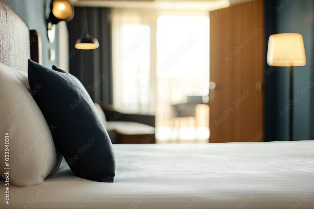 Fototapeta premium Softly focused hotel suite highlighting comfortable bedding. 
