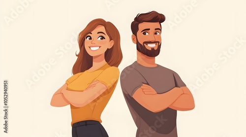 Cheerful hsppy man and woman with crossed hands standing back to. photo