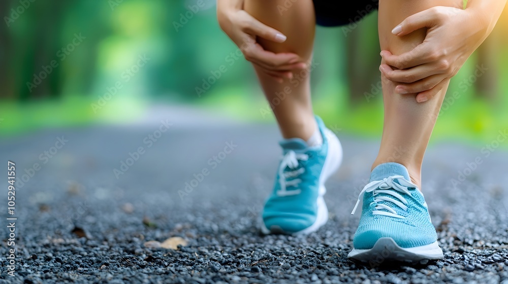 Naklejka premium Female athlete experiences intense knee pain and joint inflammation due to a sports related injury or overuse She is holding her knee against a dark background