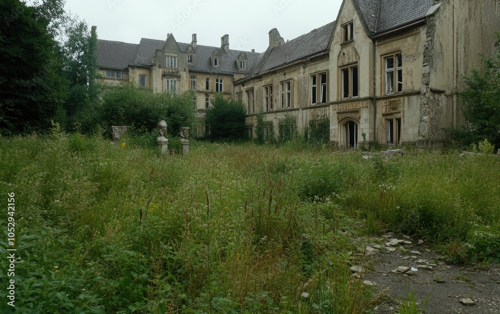 Obraz premium Forsaken grandeur: gloomy, deserted castle shrouded in eerie quiet, its once majestic halls now consumed by decay, lingering memories, unsettling atmosphere of solitude, abandonment.