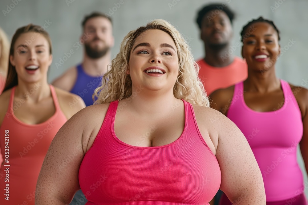 A group of people are smiling and wearing pink tank tops, body positivity concept A group of people are smiling and wearing pink tank tops, body positivity concept