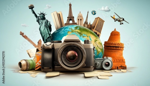 Artistic depiction of Earth dotted with key travel destinations and camera symbols, highlighting travel culture. photo