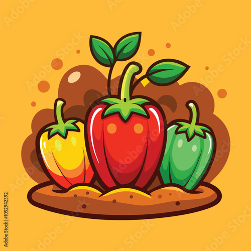 Three colorful bell peppers, red, yellow, and green, growing in a cartoon illustration.