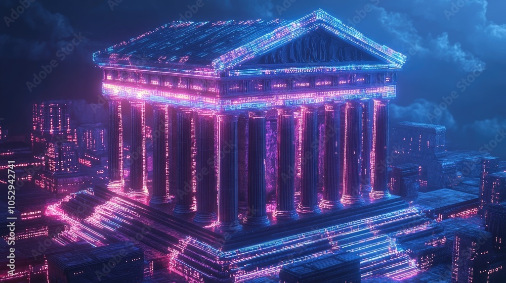 Obraz premium A futuristic, glowing temple with neon lights, against a night sky with clouds.