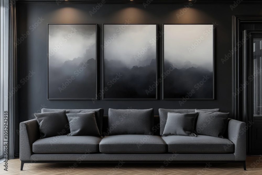 Elegant gray sofa complements the rich triptych artwork. Elegant gray sofa complements the rich triptych artwork.