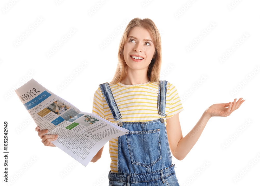 Beautiful young woman with newspaper on white background