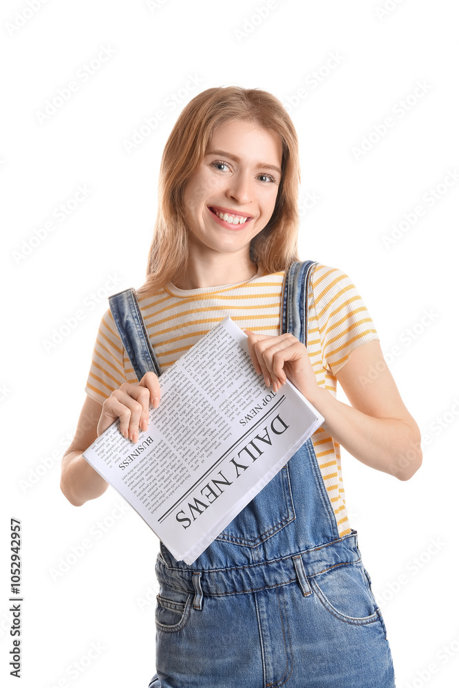 Happy young woman with newspaper on white background Happy young woman with newspaper on white background