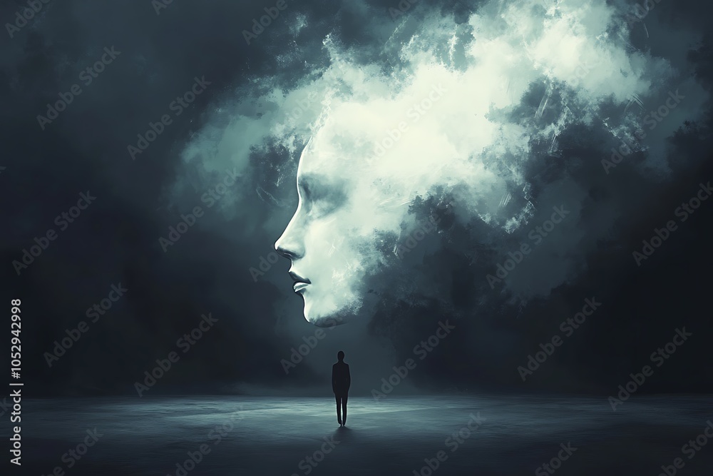 A figure standing before a vast cloud shaped like a face, symbolizing introspection, imagination, and the ethereal nature of thoughts and dreams. A figure standing before a vast cloud shaped like a face, symbolizing introspection, imagination, and the ethereal nature of thoughts and dreams.