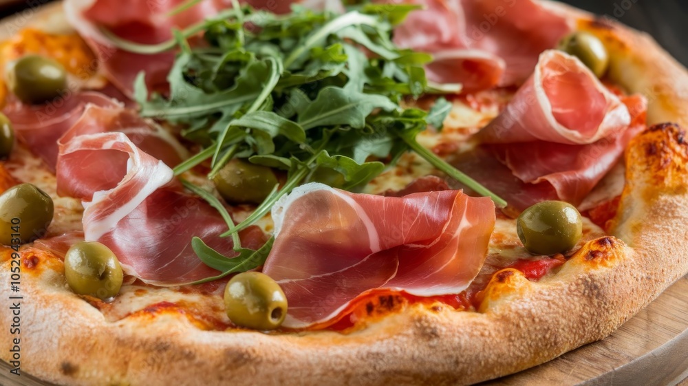 Italian pizza topped with prosciutto, green olives, and fresh arugula close-up Italian pizza topped with prosciutto, green olives, and fresh arugula close-up