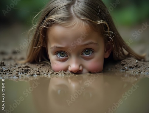 Close up photo of an 8 year old girl having a dream about sinking in ground as like it was quicksand