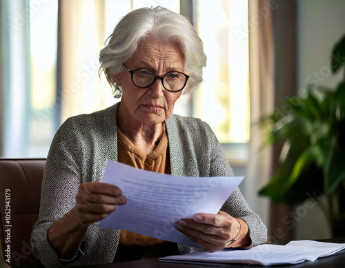 Older woman reading document that made her frustrated, receive bad, upsetting news related 1 photo