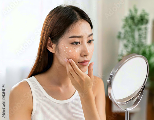 Dermatology, expression face worry asian young woman looking mirror hand touch face at dark 