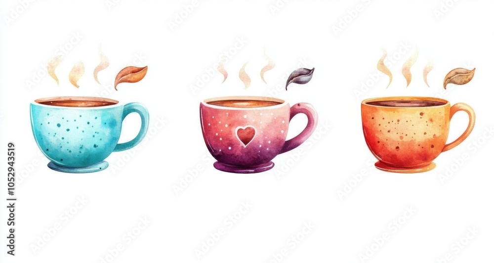 Fototapeta premium Vibrant watercolor illustrations of coffee cups.