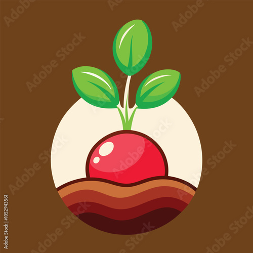 A vibrant red radish with green leaves sprouts from the soil.