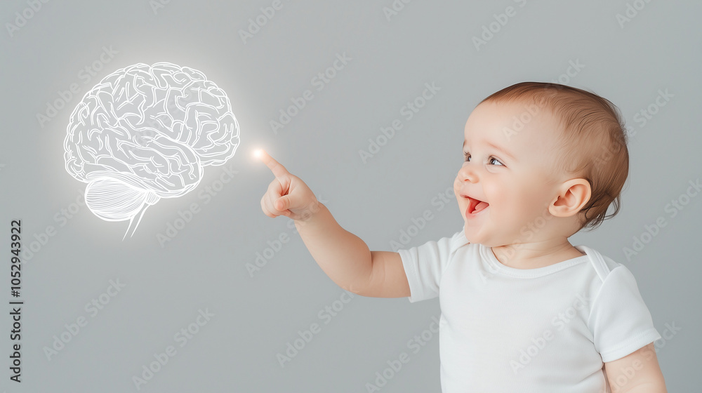 Fototapeta premium Baby's Brain Development: A curious toddler points at a glowing brain graphic, symbolizing the incredible potential and rapid development of a young mind.