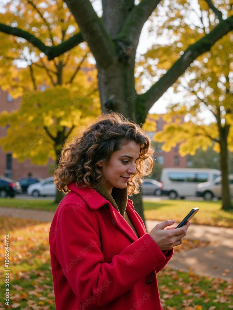 Young Woman in Red Coat Using Smartphone Surrounded by Autumn Leaves Young Woman in Red Coat Using Smartphone Surrounded by Autumn Leaves