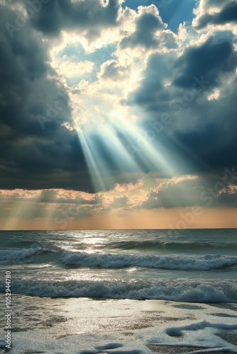 Sunbeams breaking through storm clouds, dramatic ocean contrasts. AI generated