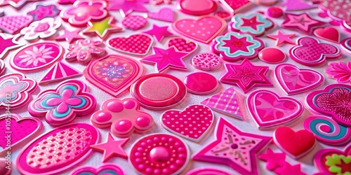 A vibrant tapestry of pink, a celebration of love and joy, crafted in a playful and delicate manner, each shape adorned with intricate details, showcasing a burst of color and texture.