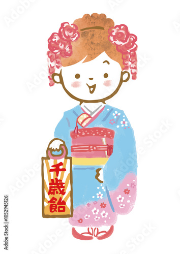 七五三の着物を着た7歳の女の子の手描きイラスト