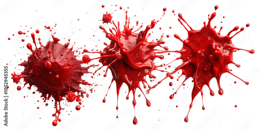 collection of red blood splatters, flowing bloody stains, splashes and drops. Trail and drips red blood close up isolated on white background as transparent. PNG. AI GENERATED. collection of red blood splatters, flowing bloody stains, splashes and drops. Trail and drips red blood close up isolated on white background as transparent. PNG. AI GENERATED.