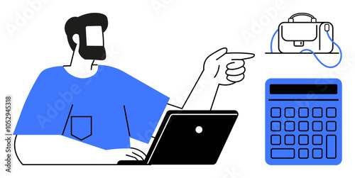 Man working on laptop while pointing at a briefcase and calculator. Ideal for business strategy, financial planning, organization, workplace productivity, office tools, goal setting, efficiency. Line