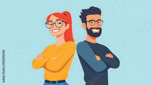 Cheerful hsppy man and woman with crossed hands standing back to. photo